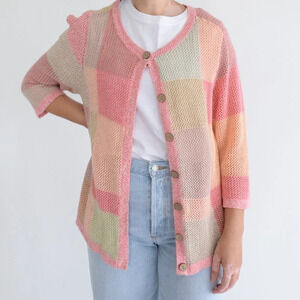 Vintage Christopher & Banks Pink Tan Fishnet Knit Button Up Cardigan Sweater 1X